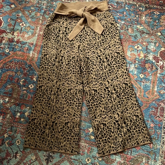 Anthropologie Moth Tan Animal Print Wide Leg Wool Blend Knit Pants Med sweater - Picture 2 of 7